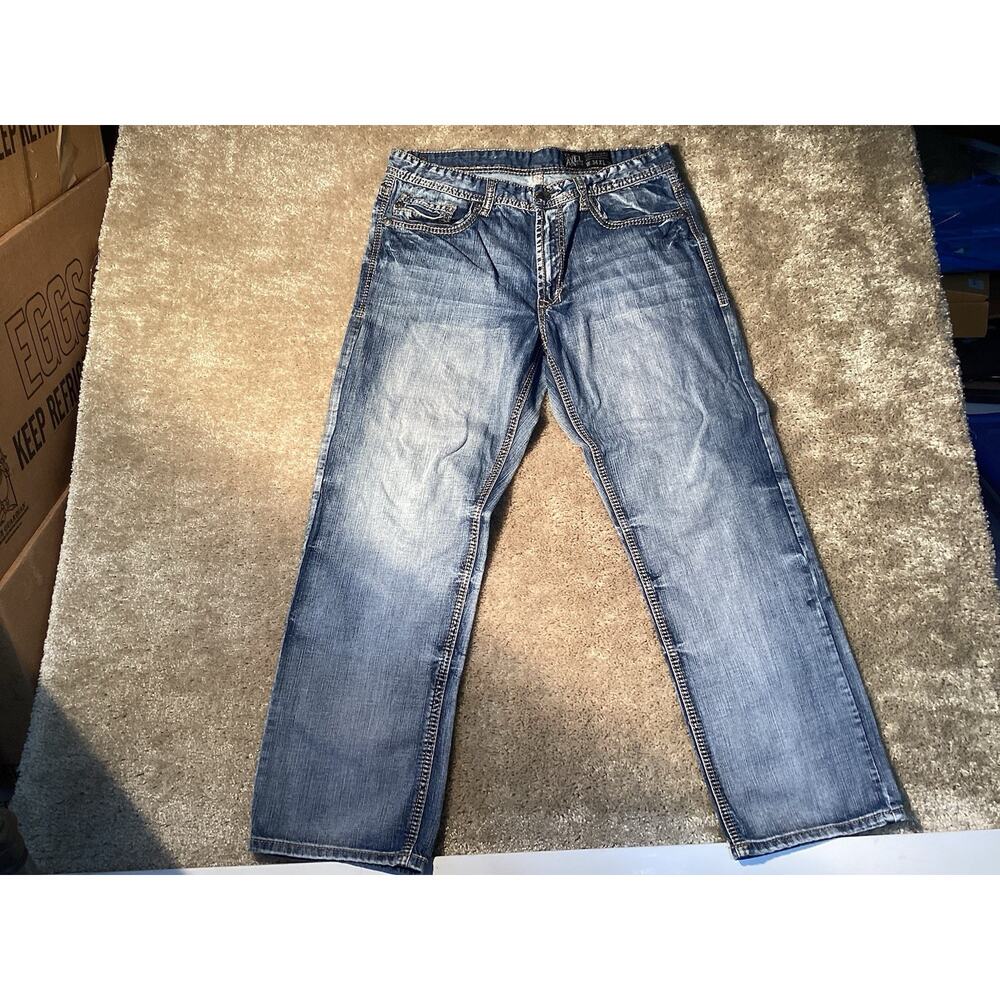Axel Treadwell Jeans Mens 34x30 Blue Relaxed Straight Fit Distressed Style Denim